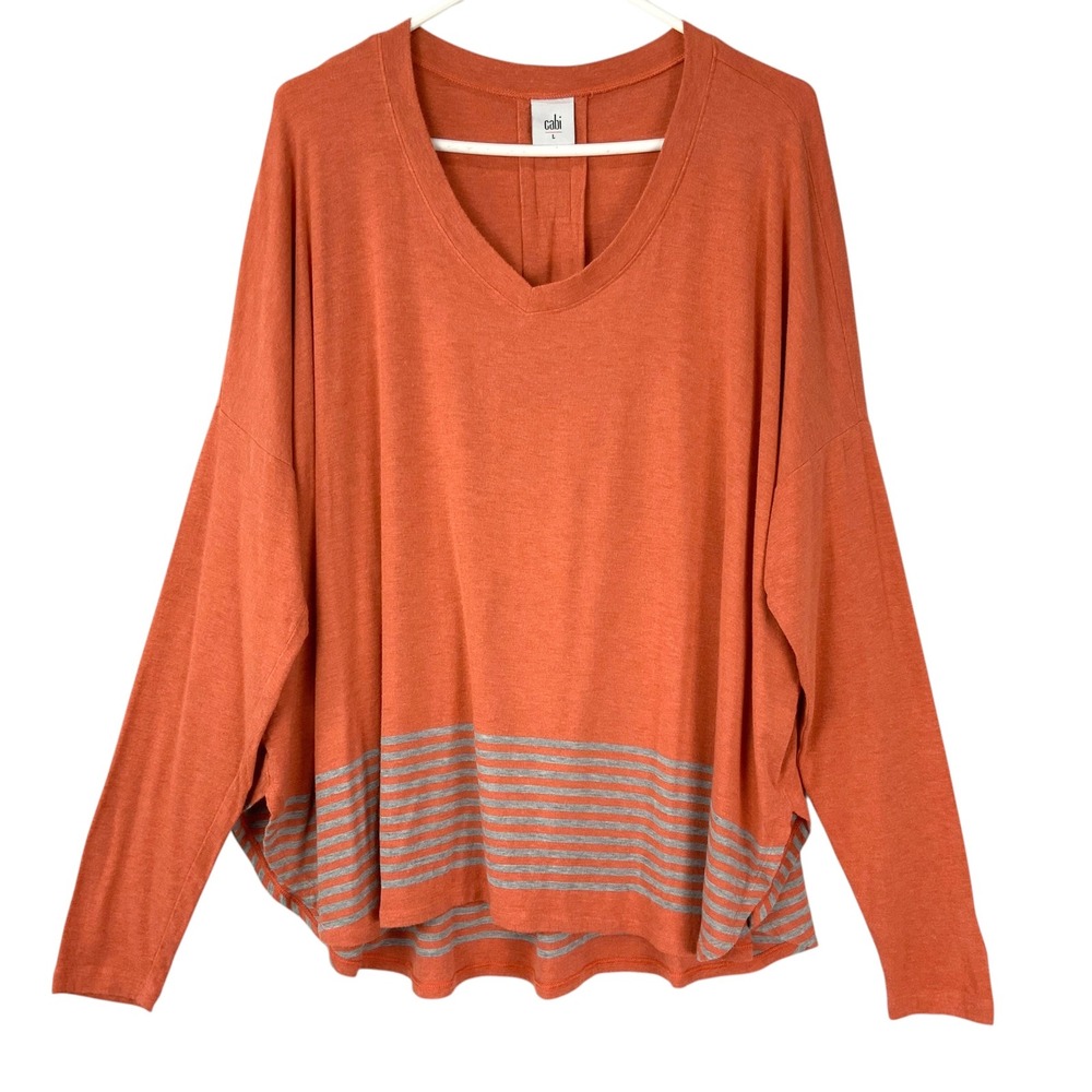 Cabi Orange Striped Hem Tunic Top Large Pullover V-Neck Long Sleeve Pleat Back